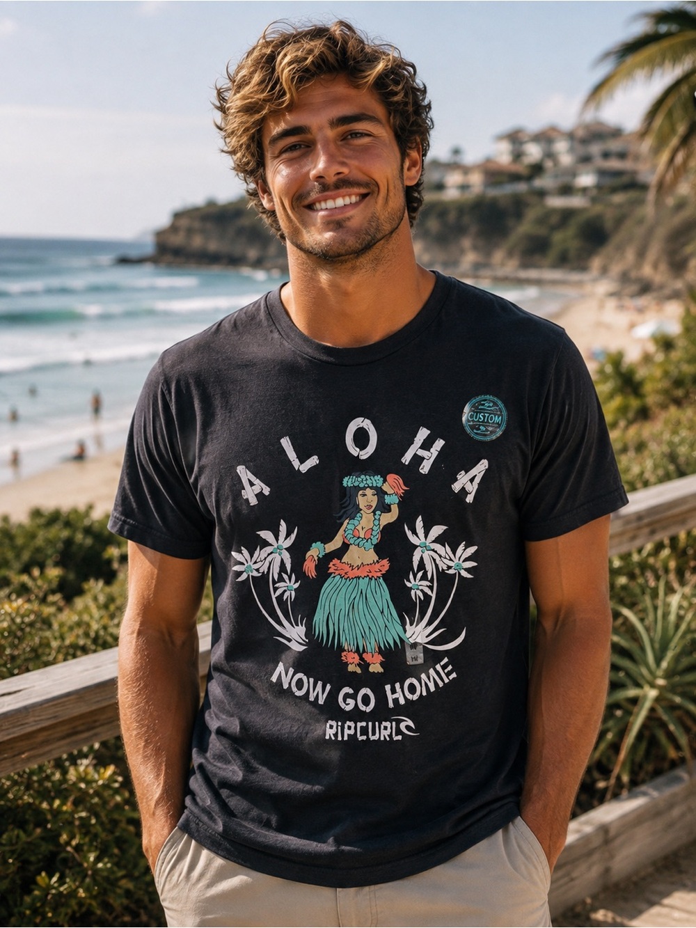 Rip Curl Black Aloha Logo-Print Crewneck Tee